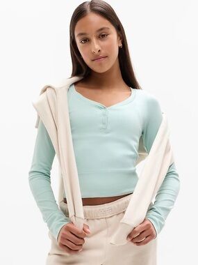 Athleta Girl Cropped Henley Long-Sleeve Top — Mint Green